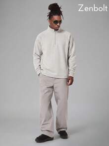 ZenBolt Winter Men Raglan Sleeve Quarter Zip Stand Collar Sweatshirt, Casual Solid 1/4 Zipper Pullover Top, Athletic Workout Street Tops - Light Grey - View 2