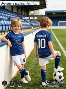Children's Sports Jersey With Burn-Out Design, Customizable Name Football Uniform Set, No. 10 Star Player Style, Boys And Girls Unisex Round Neck Striped Short Sleeve 2 Pieces Set - Navy Blue - View 5