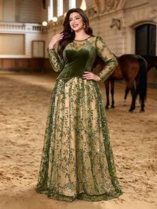 Plus Size Fall Winter Elegant Sequin Leaf Embroidery Tulle Spliced Crinkle Texture Knit Illusion Long Sleeve Mock Two Pieces Maxi Gown, Party Wedding - Dark Green - View 7