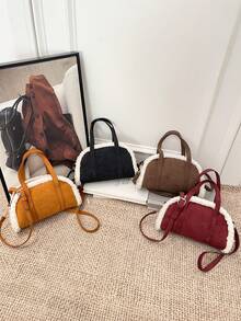 1pc Maillard Vintage Style Lamb Wool Patchwork Handbag, Adjustable Shoulder Strap Crossbody Small Bag, Lightweight Shoulder Bag. Suitable For Girls/Children/Students, Perfect For Autumn Outings, Shopping, Daily Commute. - Multicolor - View 8