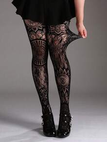1pc Plus Size Women's Jacquard Fishnet Tights, Sunflower Hollow Out Leggings, Sexy Fashion, Suitable For Party, Home And Office Multiple Occasions - Black - View 1