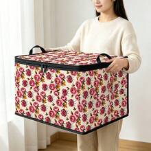 1pc 2DFat Thickened Foldable Zipper Storage Box, Beige Bottom Red Rose Floral Full Print Design, Can Store Clothes, Bedding, Nail Tools, Holiday Items, Fits Under Bed, Suitable For Book Organization, Car Trunk Storage, Cosmetics, Hair Styling Tools, Office, Home Organization, Blankets, Daily Small Items Large Capacity Storage, Wardrobe Placement And Moving Packing, Zipper Closure Secure, Reinforced Handle Durable - Multi-color - View 2