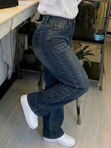 女款復古寬鬆男友風直筒牛仔褲休閒街頭風秋季 - 深色水洗藍 - 查看 3