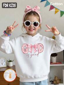 Autumn Winter Girls Fleece Hoodie With Pink Bow And 'is Good' Letter Print, Long Sleeve Ribbed Cuffs Y2K - White - View 2