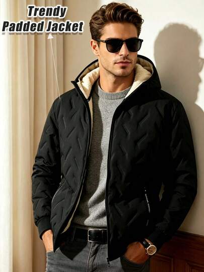 Men's Black Quilted Hooded Jacket, Zip Front Letter Print Pocket Loose Simple Daily Warm Outerwear - Black Hooded Zipper Pocket Style, Ideal For Autumn/Winter, Winter Casual Outfit, Essential Outerwear