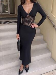 Women's Contrast Lace V-Neck Long Sleeve Fitted Elegant Party Dress - Black - View 5