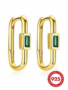 1 Pair Vintage Luxury S925 Sterling Silver Paperclip Hoop Earrings With Rectangular Green Cubic Zirconia, U-Shaped Geometric Ear Rings For Women - Gold - View 7