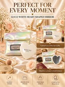 Cermin rias berbentuk hati berwarna putih merek Gucci, ukuran 7,5 cm, satu buah, cermin bening, ringkas dan portabel, dilengkapi dengan tas penyimpanan, cocok untuk bepergian dan merias wajah sehari-hari. - Putih - View 9