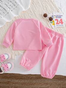 Autumn/Winter Baby Girl Cute Casual Pink Round Neck Bow Print Loose Sweatshirt & Pink Jogger Pants Versatile Commute Outfit - Pink - View 10