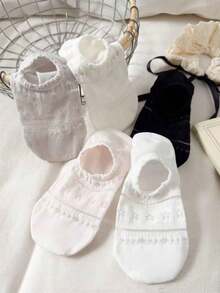 5/1 Pair/Set Women's Korean Style White & Black Heart & Floral Pattern Low-Cut Boat Socks, Thin Comfortable Invisible Short Socks (No Cardboard) - Multicolor - View 3
