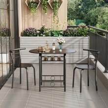 Juego de Mesa de Comedor Negro 80x53.3x75.4 cm| Juego de 3 Piezas con Mesa Ovalada y 2 Sillas| Marco de Metal con Estante para Vino Integrado| Diseño que Ahorra Espacio para Cocina y Apartamento| Fácil de Armar - Negro - Ver 4