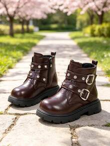 1 Pair Girls' Motorcycle Boots, Soft PU + Shiny Rhinestone Studs Decor, Round Toe Elastic Soft Sole With Inner Zipper Design, Sweet & Cool Princess Boots, Suitable For Students' Daily Campus & Outdoor Wear, Autumn/Winter New Style - Coffee Brown - View 6