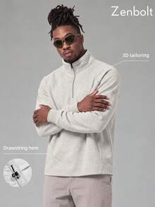ZenBolt Winter Men Raglan Sleeve Quarter Zip Stand Collar Sweatshirt, Casual Solid 1/4 Zipper Pullover Top, Athletic Workout Street Tops - Light Grey - View 1