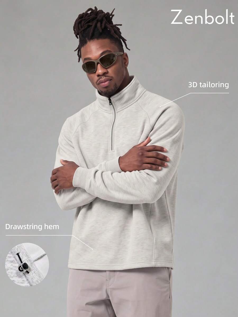 ZenBolt Winter Men Raglan Sleeve Quarter Zip Stand Collar Sweatshirt, Casual Solid 1/4 Zipper Pullover Top, Athletic Workout Street Tops - Light Grey - View 1