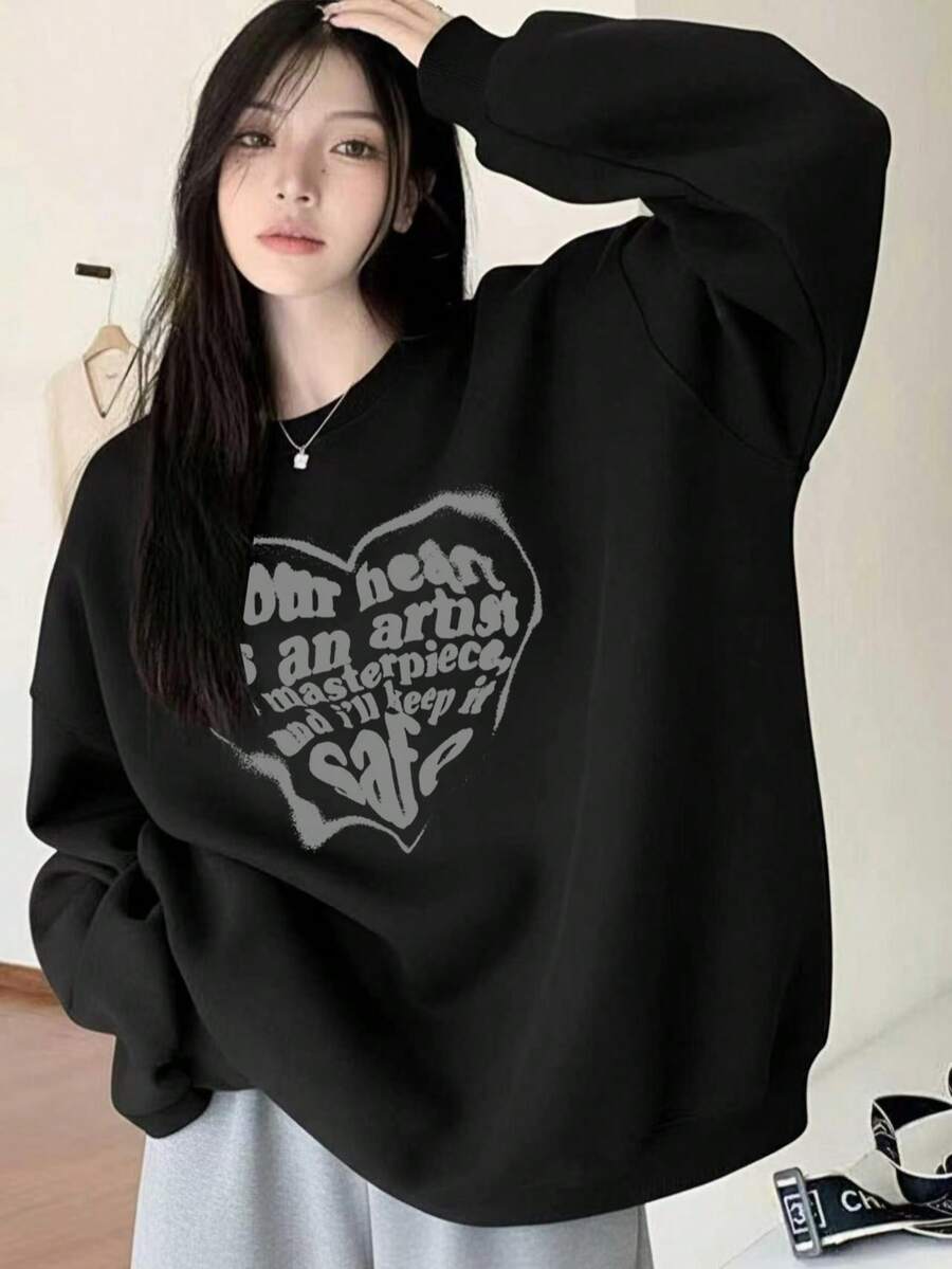 Sweet Cool Style Printed Heart Slogan Crew Neck Sweatshirt, Minimalist Black Slimming Loose Long Sleeve Pullover, Daily Commute Autumn Top - Black - View 1