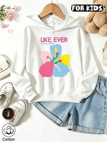 Girls Like Ever Letter & Colorful Abstract Flower Print Hoodie, Long Sleeve Casual Pullover Hooded Sweatshirt - White - View 1