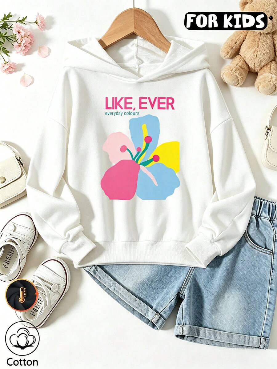 Girls Like Ever Letter & Colorful Abstract Flower Print Hoodie, Long Sleeve Casual Pullover Hooded Sweatshirt - White - View 1