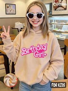 هودي صوف للبنات خريف وشتاء بطبعة Birthday Girl باللون الأبيض والوردي مع نص وأكمام طويلة ستايل Y2K - لون مشمشي - مشاهدة 2