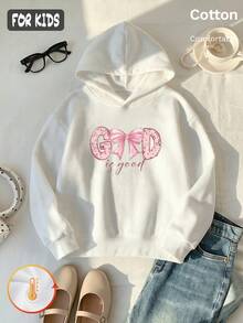 Autumn Winter Girls Fleece Hoodie With Pink Bow And 'is Good' Letter Print, Long Sleeve Ribbed Cuffs Y2K - White - View 3