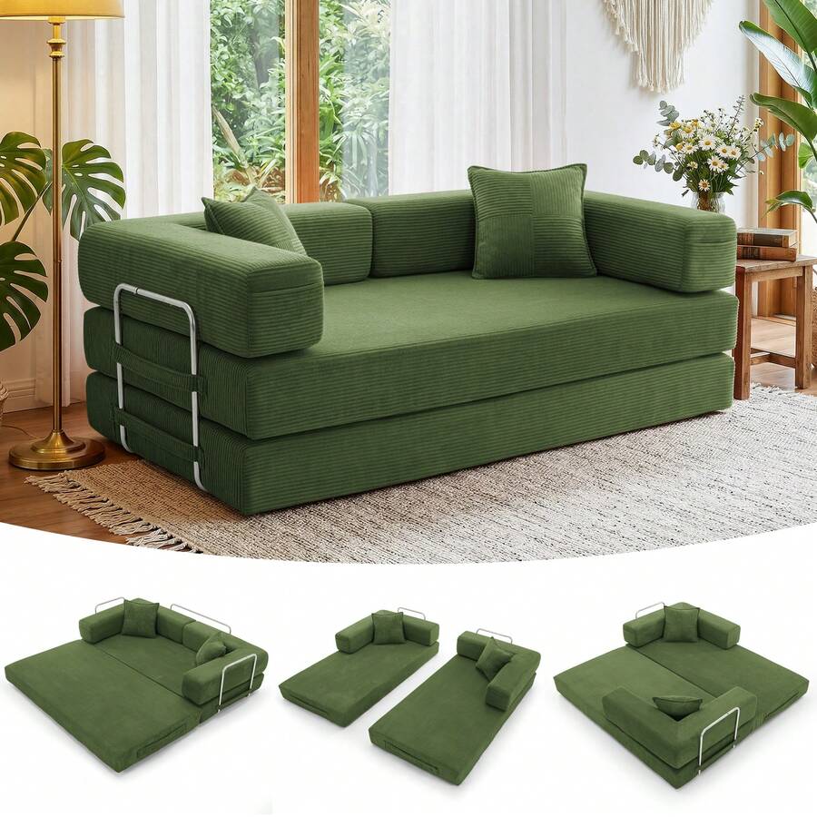 3-Seater Foldable Sofa Bed, 78'' Convertible Sleeper Sofa, Spring Folding Floor Couch With With Pillow Back Support Armrest, 4-In-1 Futon Sofa Bed For Living Room