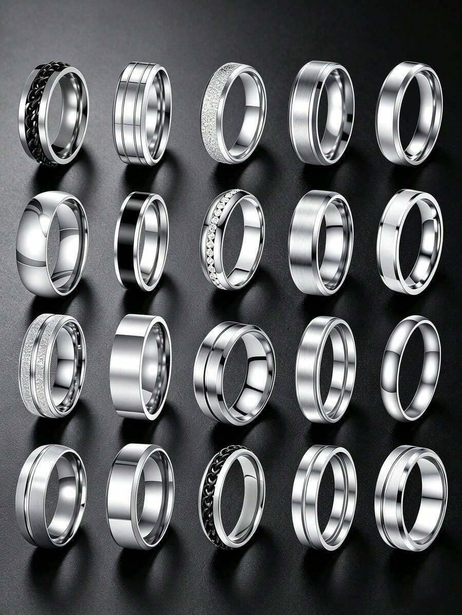20 Buah Cincin Hip Hop Punk Stainless Steel untuk Pria, Aksesoris Perhiasan Pria Unik, Cincin Janji Pertunangan Pernikahan, Hadiah Liburan & Suvenir - Perak - View 1