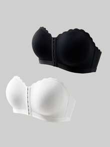 SHEIN 2 Pcs Plus Size Women's Solid Color Arched Front-Closure Bustier Bra Strapless - Multicolor - View 10