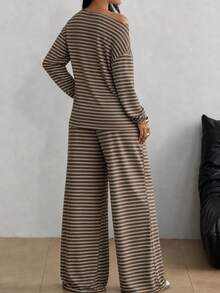 Women's Autumn/Winter Casual Commute Style Brown Striped Loose 2 Pieces Set, Outdoor, Sports, Back To School - Brown - View 11