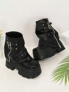 2026 Women's Fashion Black Western Style Sexy Mid-Calf Boots, Wooden Heel Sole Ruched Design High-Top Boots, Suitable For Daily And Holiday Wear - Black - View 8