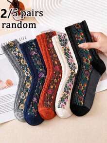 5 Pairs Random Assortment Women's Vintage Cable Knit Textured Side Ditsy Floral Skin-Friendly Durable Comfortable Breathable Mori Style Artistic Mid-Calf Socks Suitable For Daily Home Commute Holiday Gift Occasions - Multicolor - View 1