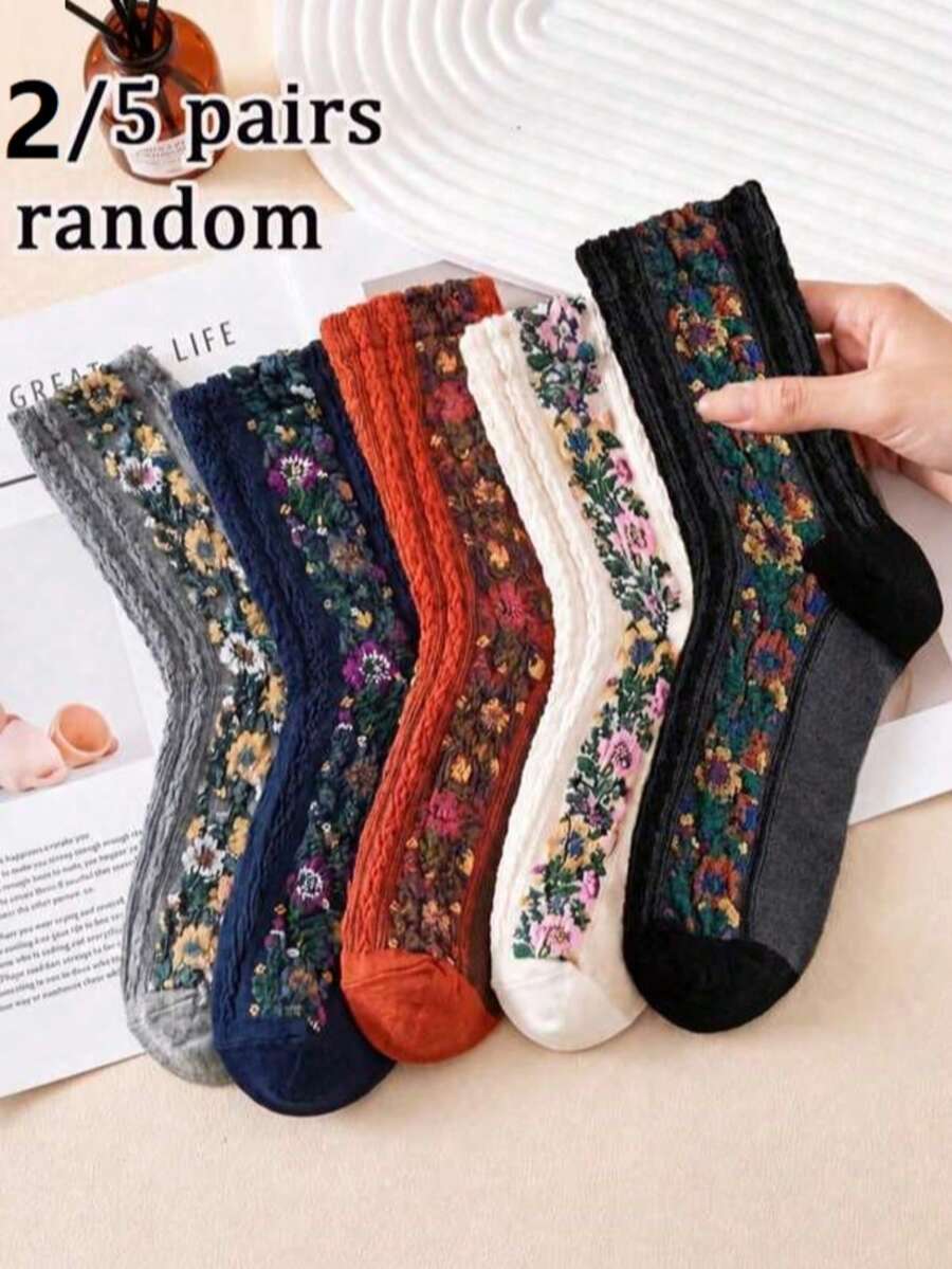 5 Pairs Random Assortment Women's Vintage Cable Knit Textured Side Ditsy Floral Skin-Friendly Durable Comfortable Breathable Mori Style Artistic Mid-Calf Socks Suitable For Daily Home Commute Holiday Gift Occasions - Multicolor - View 1
