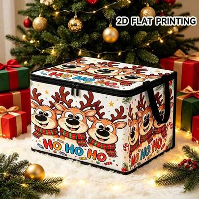 1 pieza Caja de almacenamiento con estampado de renos de dibujos animados navideños, lindo alce con bufanda y patrón HO HO HO, contenedor de almacenamiento plegable de tela con cremallera y asas, organizador de gran capacidad para ropa, juguetes y decoración navideña del hogar