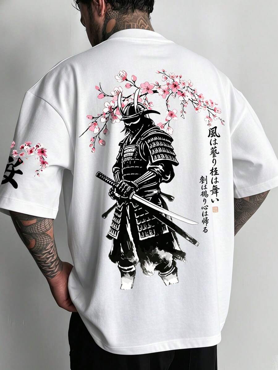 男士夏季時尚日式櫻花武士印花圓領短袖T恤 - 白色 - 查看 1