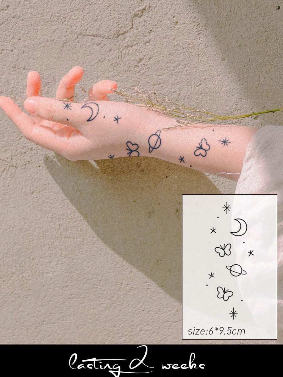 1pc Herbal Juice Semi-Permanent Magic Tattoo Sticker, Moon Butterfly Star Planet Pattern, Long-Lasting 14 Days, No Fading, No Reflection, Temporary Tattoo For Arm, Waist, Abdomen, Back And Body - Blue - View 1