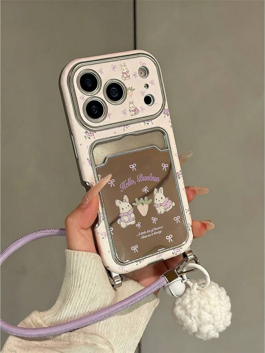 1件可愛紫色蝴蝶結兔子印花手機殼，背面卡槽鏡面設計，淺紫色毛球鈴鐺掛繩，防摔保護殼，甜美少女風，閨蜜禮物，適用於iPhone18ProMax/18Pro/17ProMax/17Pro/17/16ProMax/16Pro/16/15ProMax/15Pro/15/14ProMax/14Pro/14/13ProMax/13Pro/13/12ProMax/12Pro/12/11ProMax/11Pro/11