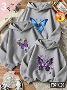 Autumn/Winter 3 Pieces Set Girls Hooded Fleece Sweatshirt Butterfly Print Heart Decor Long Sleeve Y2K Style - Heather Gray+Heather Gray+Heather Gray - View 1