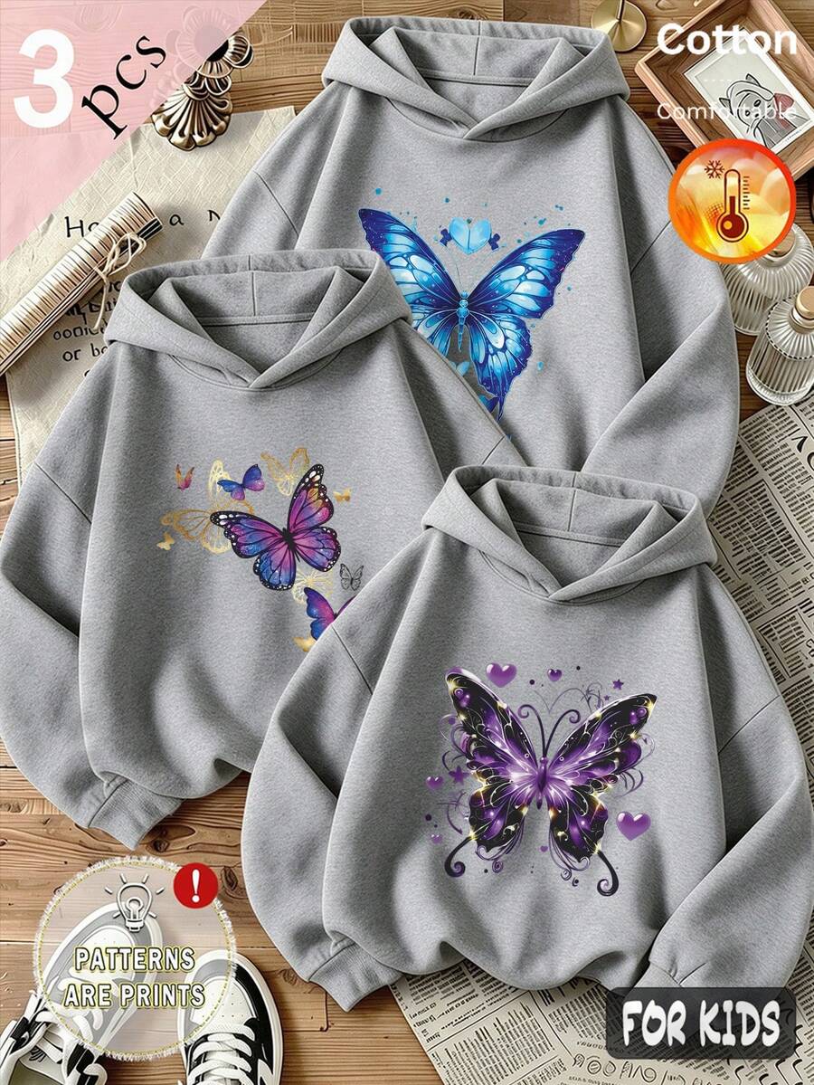 Autumn/Winter 3 Pieces Set Girls Hooded Fleece Sweatshirt Butterfly Print Heart Decor Long Sleeve Y2K Style - Heather Gray+Heather Gray+Heather Gray - View 1