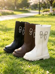 1 Pair New Girls' Tall Boots, Soft PU + Rhinestone Butterfly Decor, Round Toe Soft Sole Fashionable Cute High-Top Riding Boots, Suitable For Female Students Autumn/Winter Daily, Vacation, Campus, Outdoor Wear - Coffee Brown - View 2