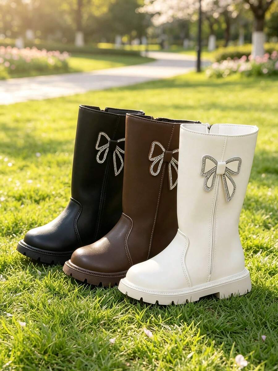 1 Pair New Girls' Tall Boots, Soft PU + Rhinestone Butterfly Decor, Round Toe Soft Sole Fashionable Cute High-Top Riding Boots, Suitable For Female Students Autumn/Winter Daily, Vacation, Campus, Outdoor Wear