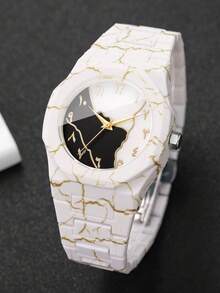 Men's And Women's Plastic Strap Fashion Marble Pattern Arabic Numeral Dial Classic Casual Quartz Wristwatch, Gift For Friends (2pcs/Set) Watch Box Not Included, Note: Strap Pattern Position May Vary - White - View 5