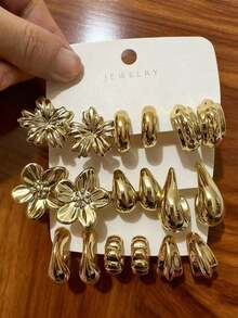 6-18pcs Gold-Tone Fashion Earrings Set, Stylish & Elegant, Suitable For Daily, Party, And Event Wear - Gold - View 2