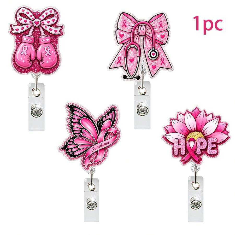 1pc Women's Health Fan Acrylic Retractable Rotating Badge Reel Pink ID Holder - Multicolor - View 1