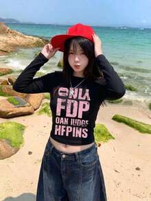 New Black Short Long Sleeve T-Shirt Women Y2K Generation Fun Pink English Print Spring Autumn Korean Style Round Neck Versatile Casual Slim Fit Top - Black - View 2