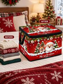 New Christmas Santa Claus Pattern Foldable Fabric Storage Box With Zipper Closure Lid And Dual Side Handles, Thick Wear-Resistant Oxford Cloth Dust-Proof Stackable Holiday Storage Bin, Large Capacity Collapsible Organizer For Christmas Decorations, Gift Wrapping Paper, Blankets, Pillows, Seasonal Home Decor, Wardrobe And Bedroom Clutter, Christmas Home Essential, Travel Essential - Multicolor - View 8