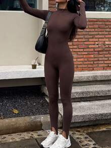 NOIRLYN Fall Winter Women's Round Neck Long Sleeve Jumpsuit Sexy Fitted Skinny Sports Unitard For Gym Workout - Brown - View 3
