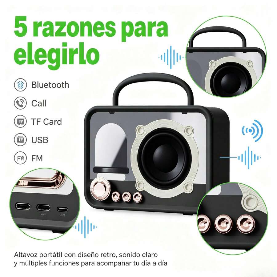 Altavoz portátil con diseño retro y sonido claro. - Negro - Ver 1