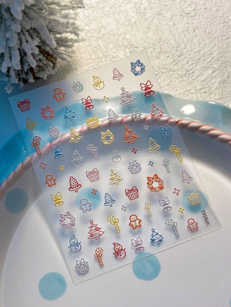 1張3D壓紋白色聖誕迷你元素美甲貼紙,可愛簡約自黏式美甲貼花,聖誕美甲用品 - 彩色 - 查看 1