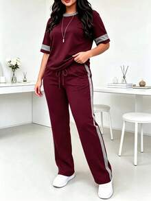 Plus Size Women's Casual Matching Contrast Color Round Neck Short Sleeve Top And High Waist Drawstring Straight Leg Pants 2 Pieces Set Elegant Summer - Burgundy + Gray - View 3