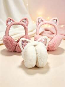 Autumn/Winter Quicksand Cat Ear Earmuffs, Foldable Plush Ear Warmers, Thickened Fleece Ear Covers For Students - Multicolor - View 5
