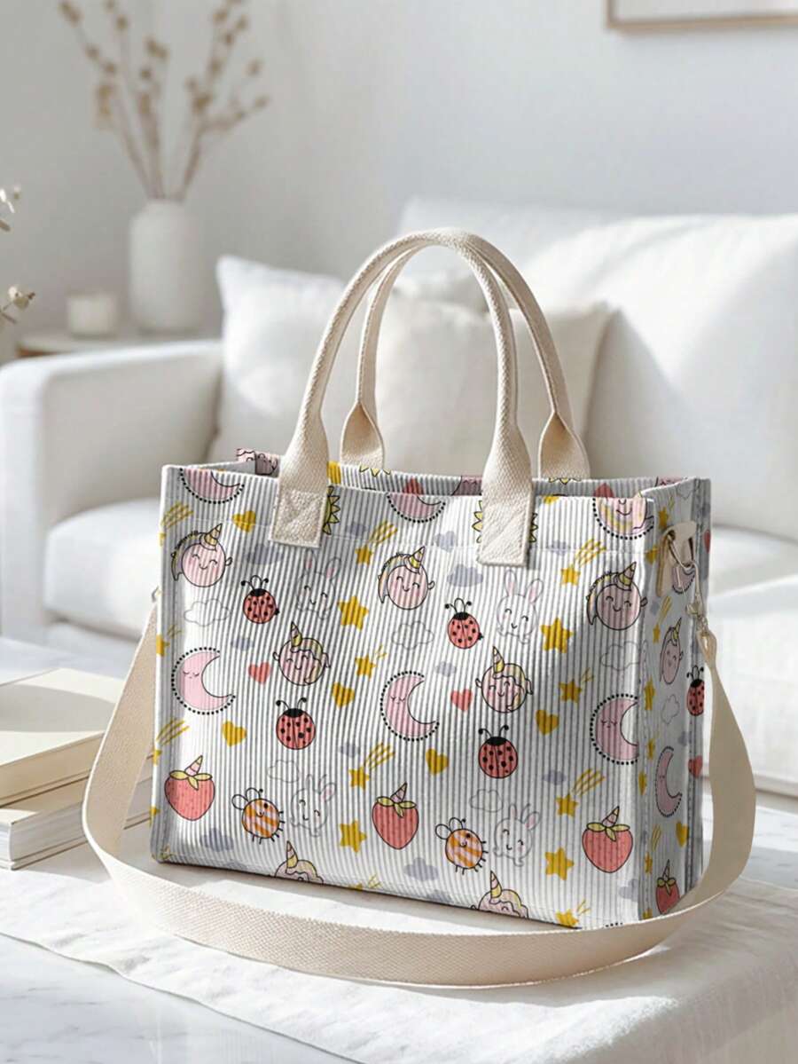 1pc Cute Cartoon Patterns Print Corduroy Multi-Pocket Large Capacity Storage, Snap Button Closure, Shoulder Tote Bag For Student Daily Commute School - Multicolor - View 1