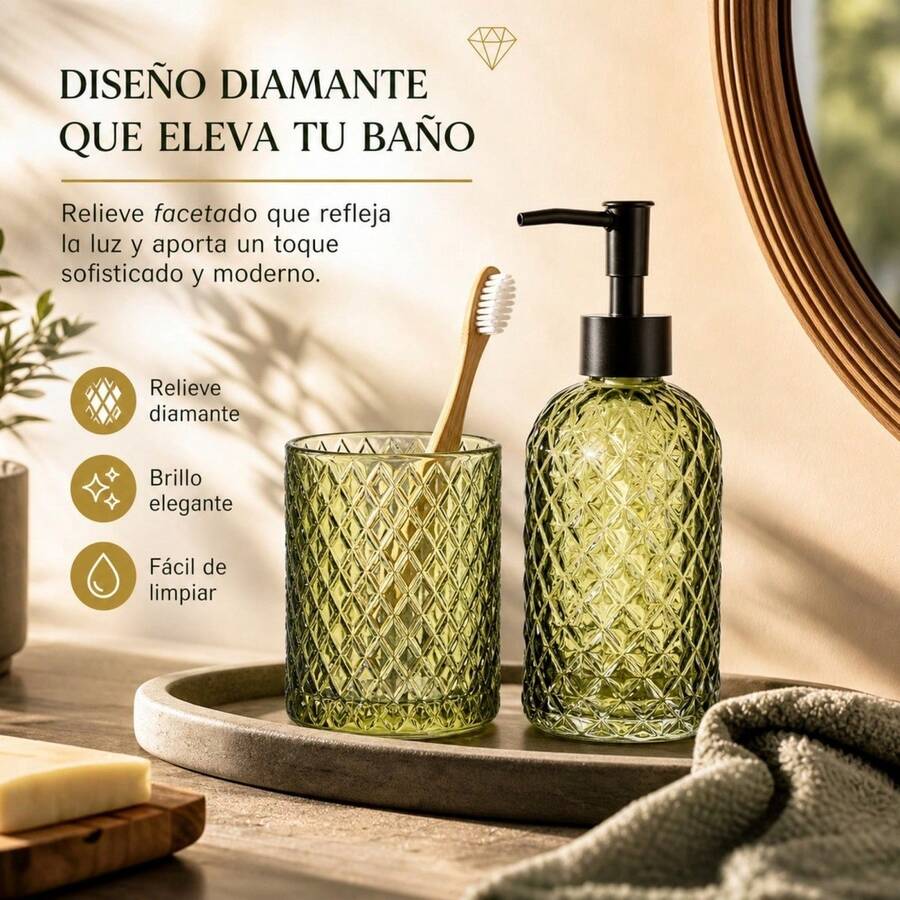 مجموعة إكسسوارات الحمام من قطعتين مع موزع صابون سعة 410 مل وكوب، تصميم زجاجي بنقش ماسي بارز لتنظيم سطح الحمام - أخضر - مشاهدة 1